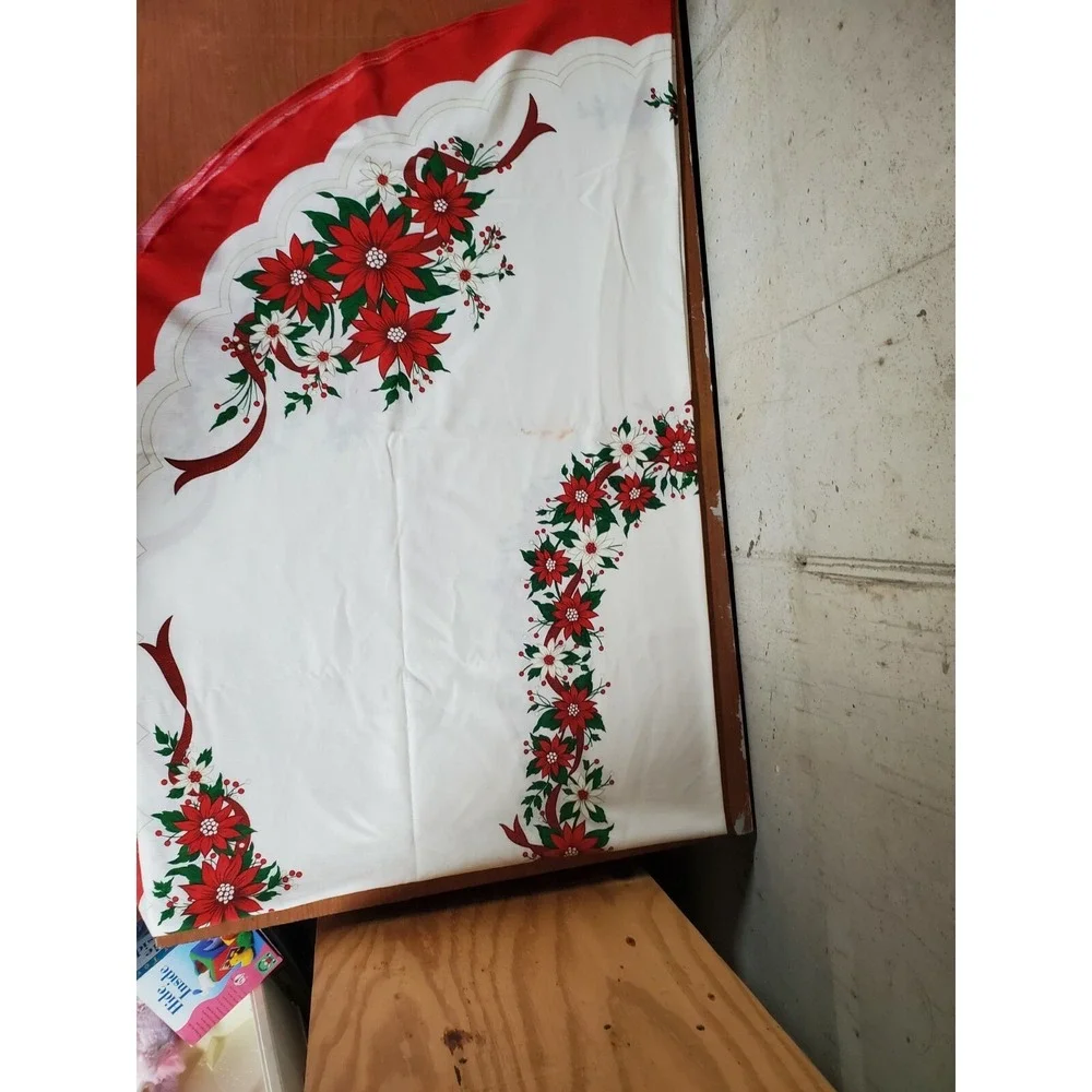 Vintage MCM Holiday Christmas Table Cloth Linen Blend‎ Bells Holly 84